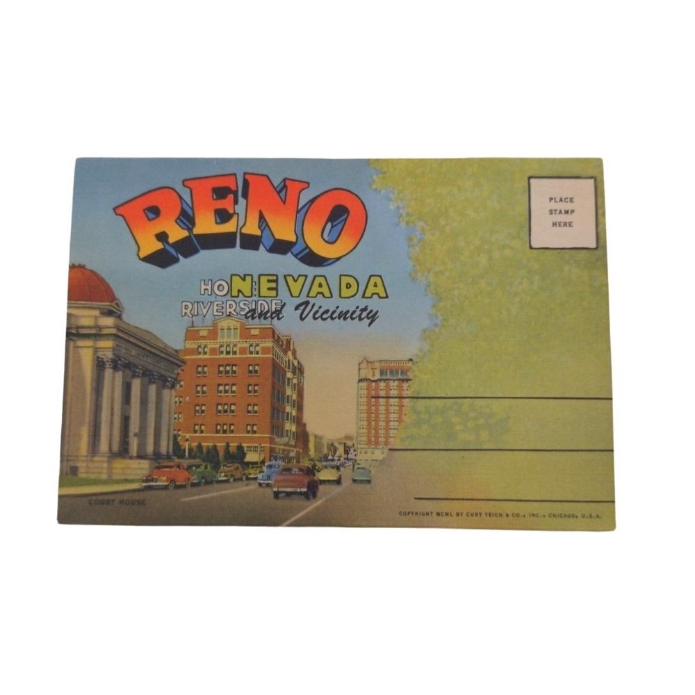 Vintage Postcard Fold Out Reno Nevada‎ 1940s Unposted Color